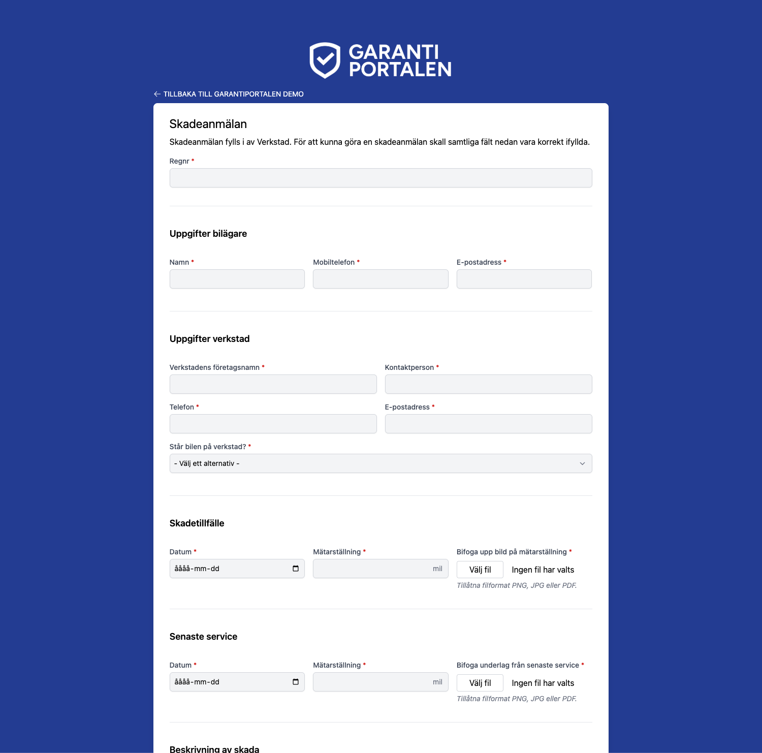 Digital skadeanmälan från verkstad med bilägare, verkstadsuppgifter och fotouppladdning